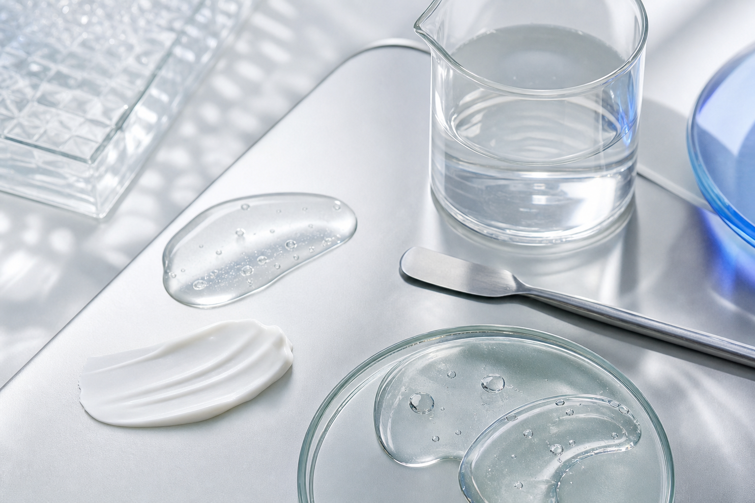 Cosmetic textures and lab glass arranged on a reflective surface